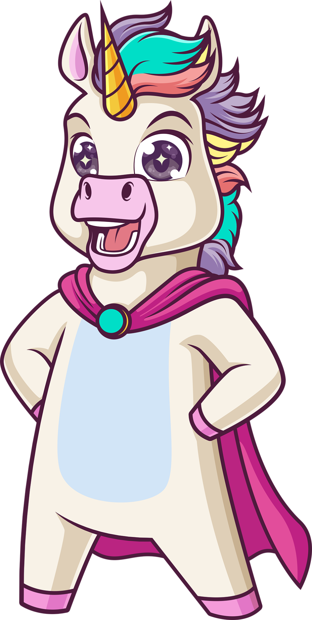 Cartoon unicorn with a colorful mane and pink outfit on a white background