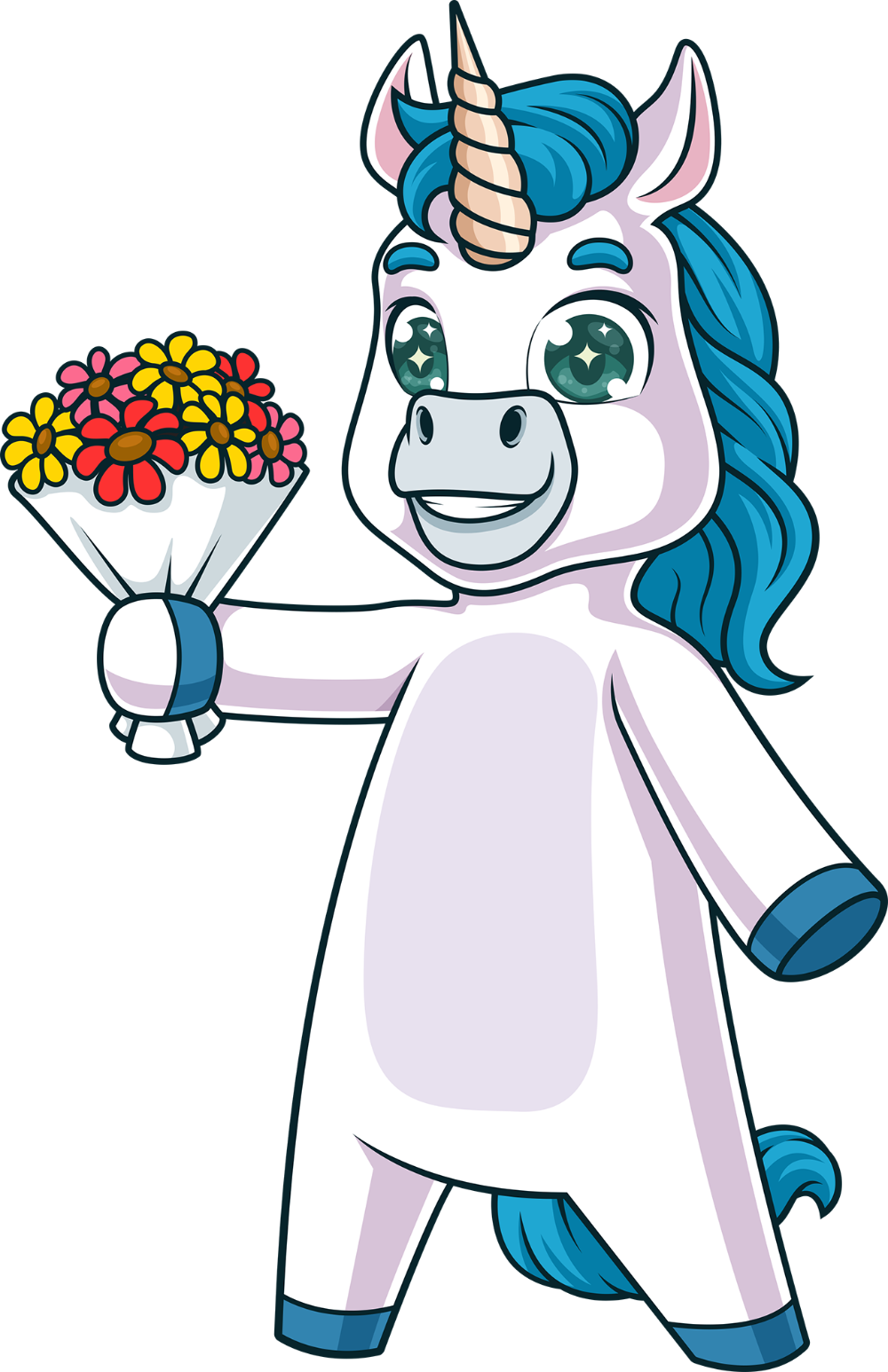 Cartoon unicorn holding flowers on a white background