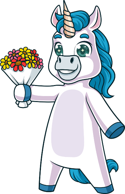 Cartoon unicorn holding flowers on a white background