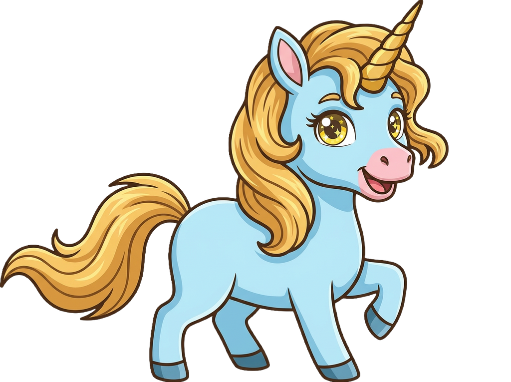 Cartoon unicorn with blue body and yellow hair on a white background