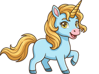 Cartoon unicorn with blue body and yellow hair on a white background