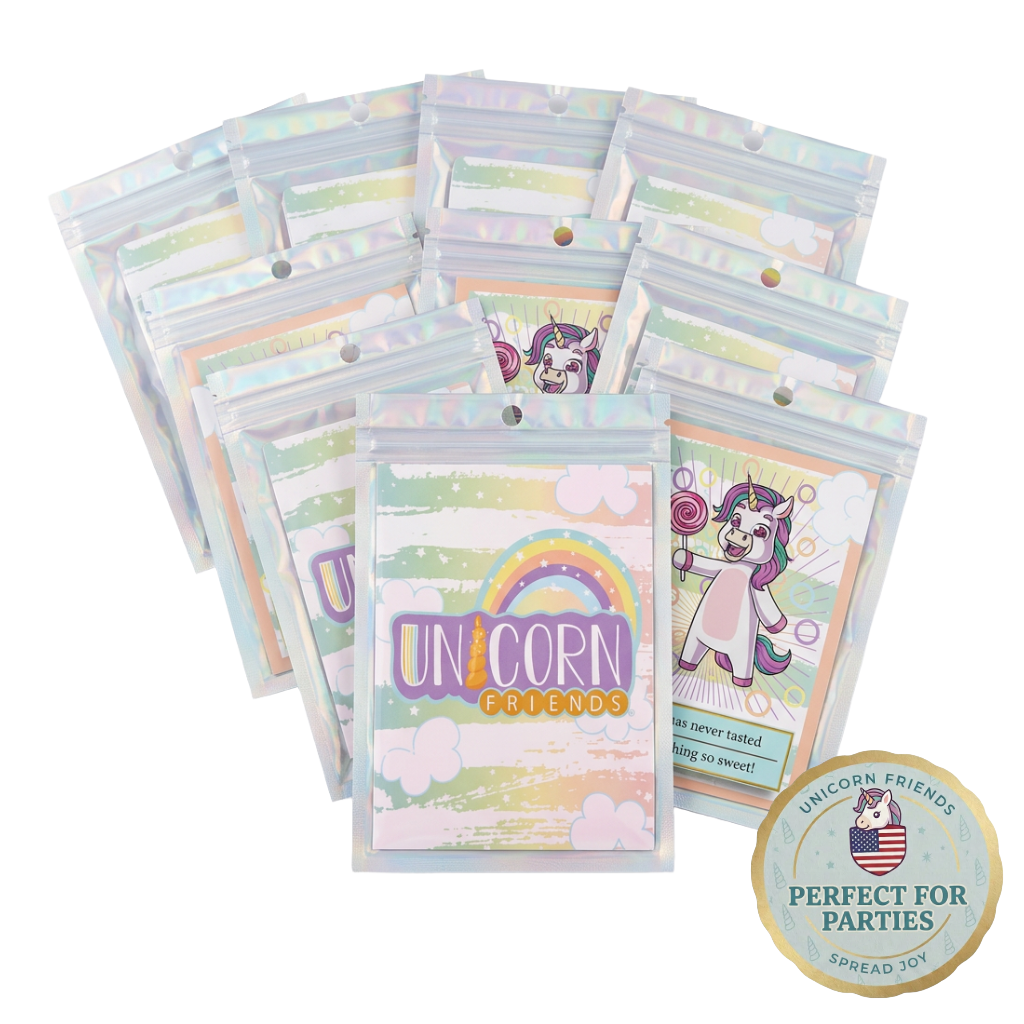 Packaging of unicorn-themed products with colorful designs and text.