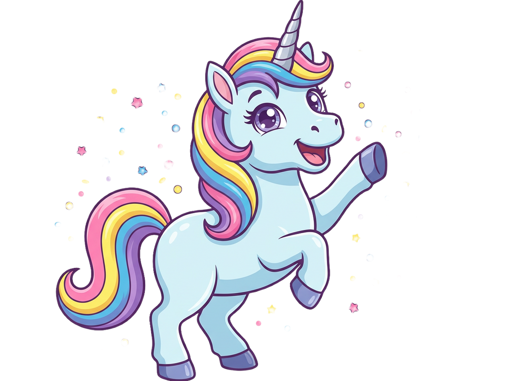 Cartoon unicorn with a colorful horn and tail on a white background