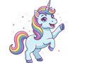 Cartoon unicorn with a colorful horn and tail on a white background