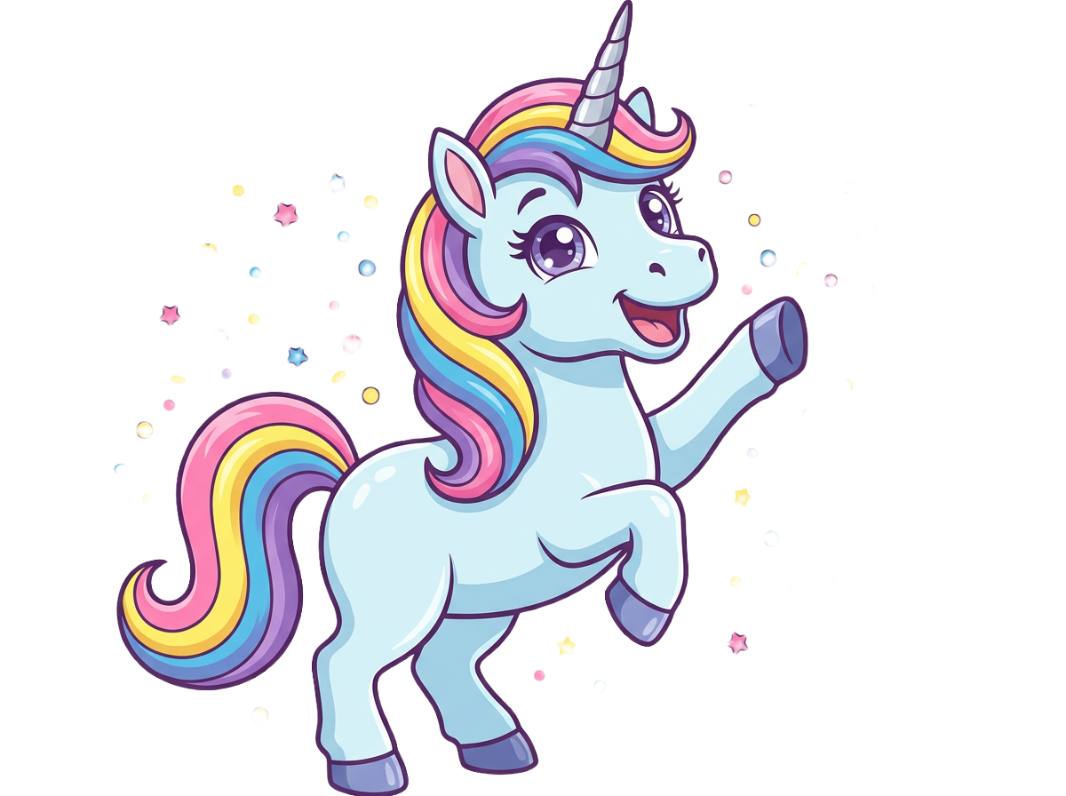 Cartoon unicorn with a colorful horn and tail on a white background