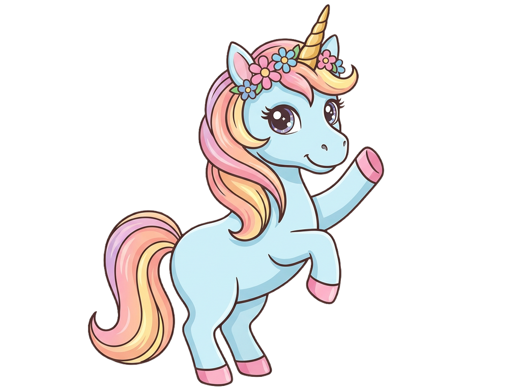 Cartoon unicorn with a rainbow mane and tail on a white background