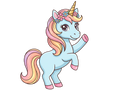 Cartoon unicorn with a rainbow mane and tail on a white background