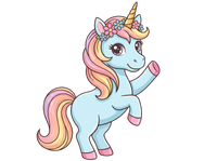 Cartoon unicorn with a rainbow mane and tail on a white background