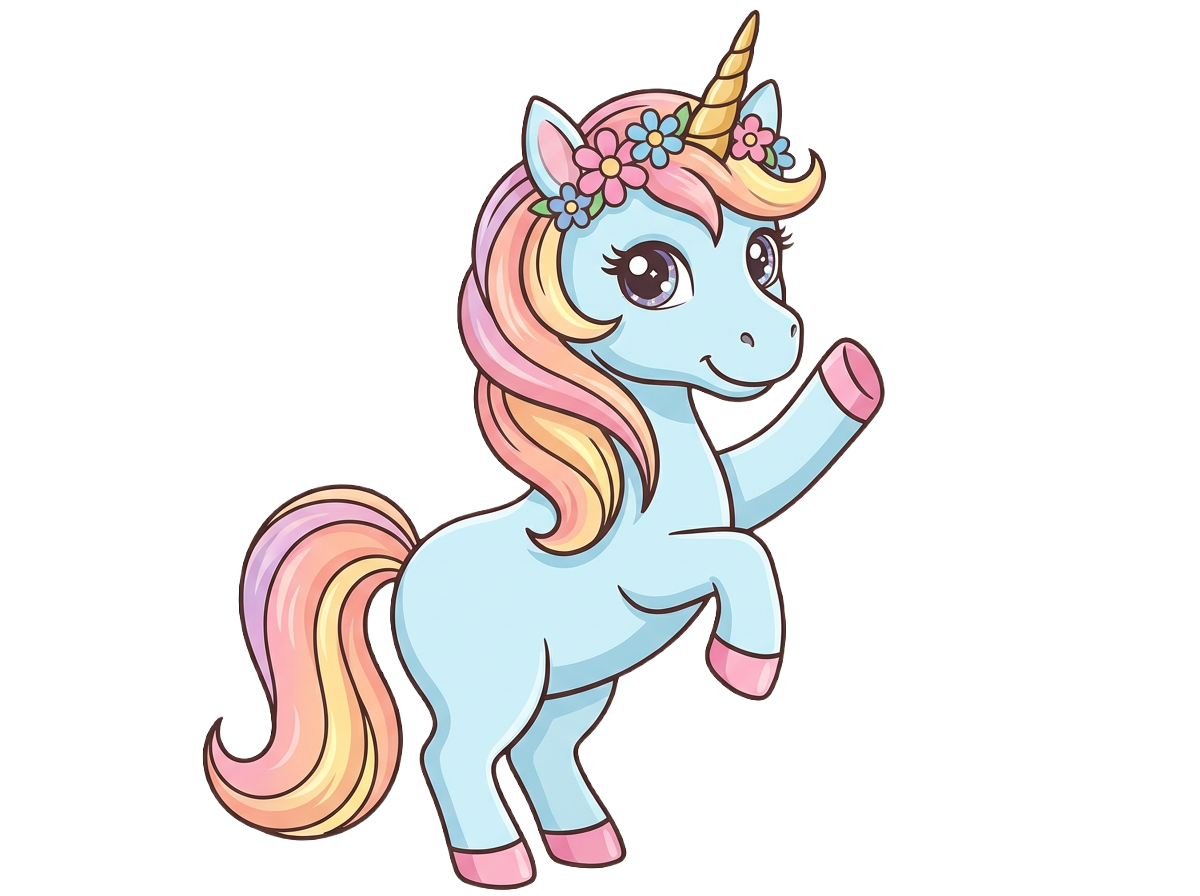 Cartoon unicorn with a rainbow mane and tail on a white background