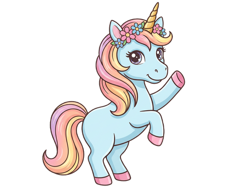 Cartoon unicorn with a rainbow mane and tail on a white background