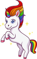 Cartoon unicorn with a rainbow mane and tail on a white background
