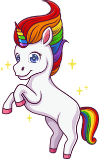 Cartoon unicorn with a rainbow mane and tail on a white background
