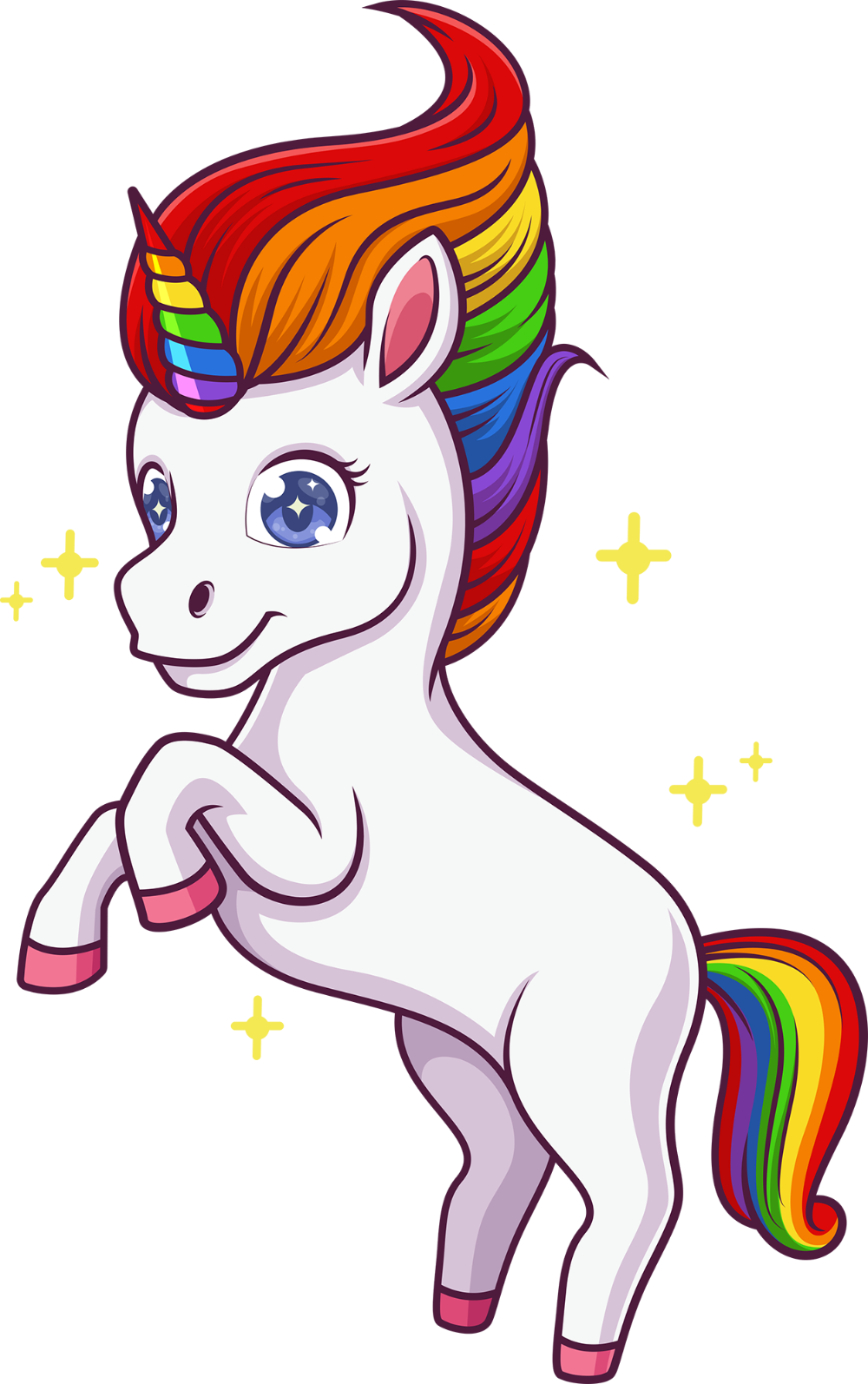 Cartoon unicorn with a rainbow mane and tail on a white background