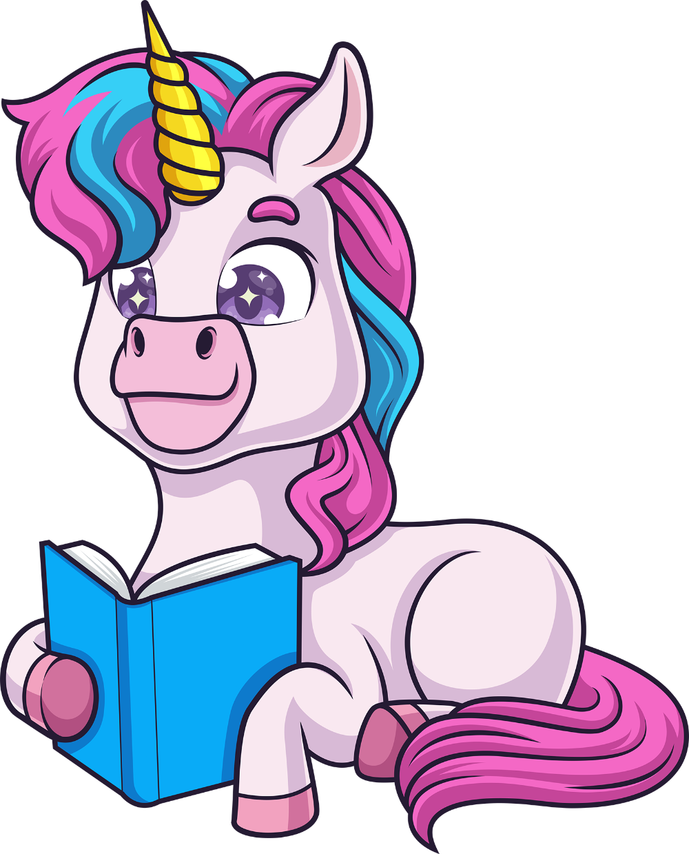 Cartoon unicorn reading a blue book on a white background