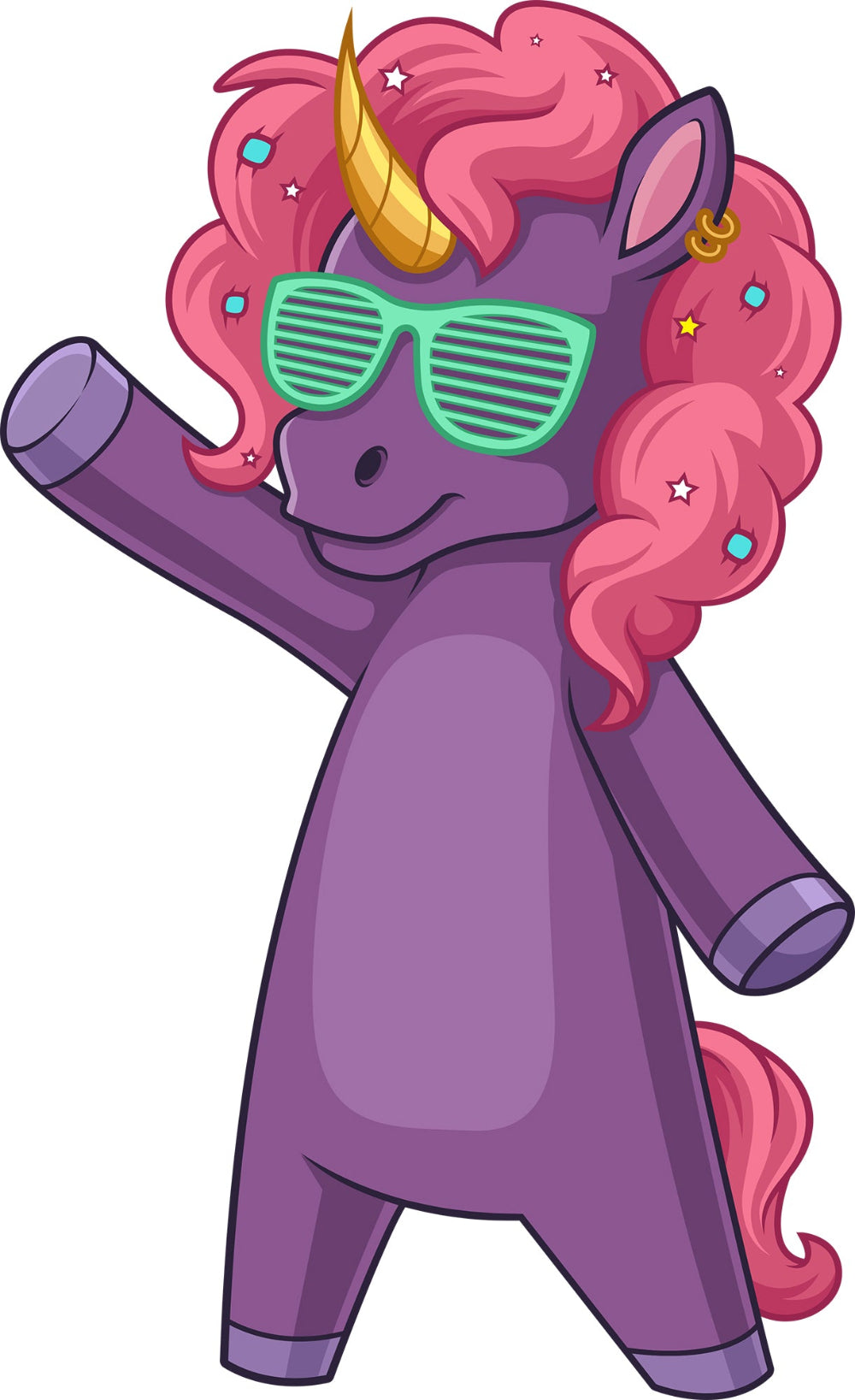 Cartoon unicorn with pink hair, green sunglasses, and a purple outfit on a white background