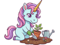 Cartoon unicorn planting a plant with a trowel and watering can on a white background