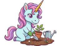 Cartoon unicorn planting a plant with a trowel and watering can on a white background