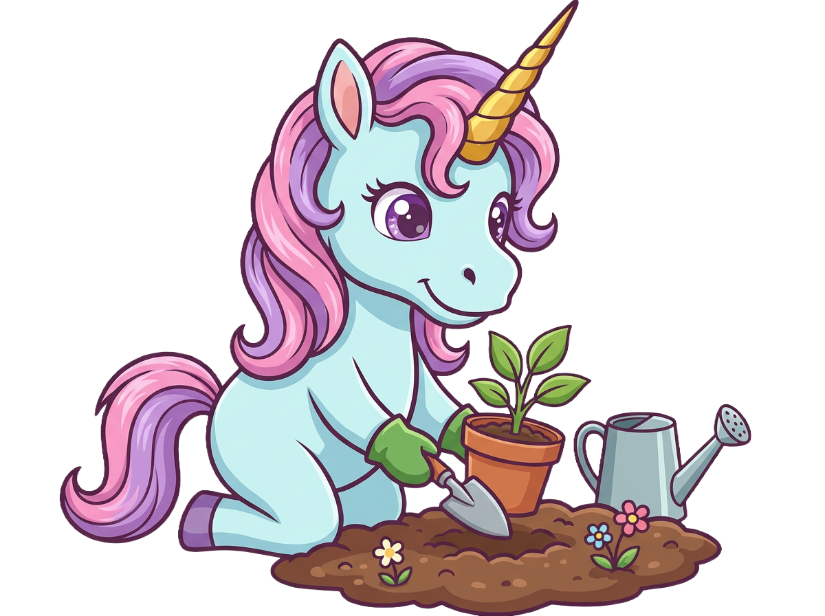 Cartoon unicorn planting a plant with a trowel and watering can on a white background