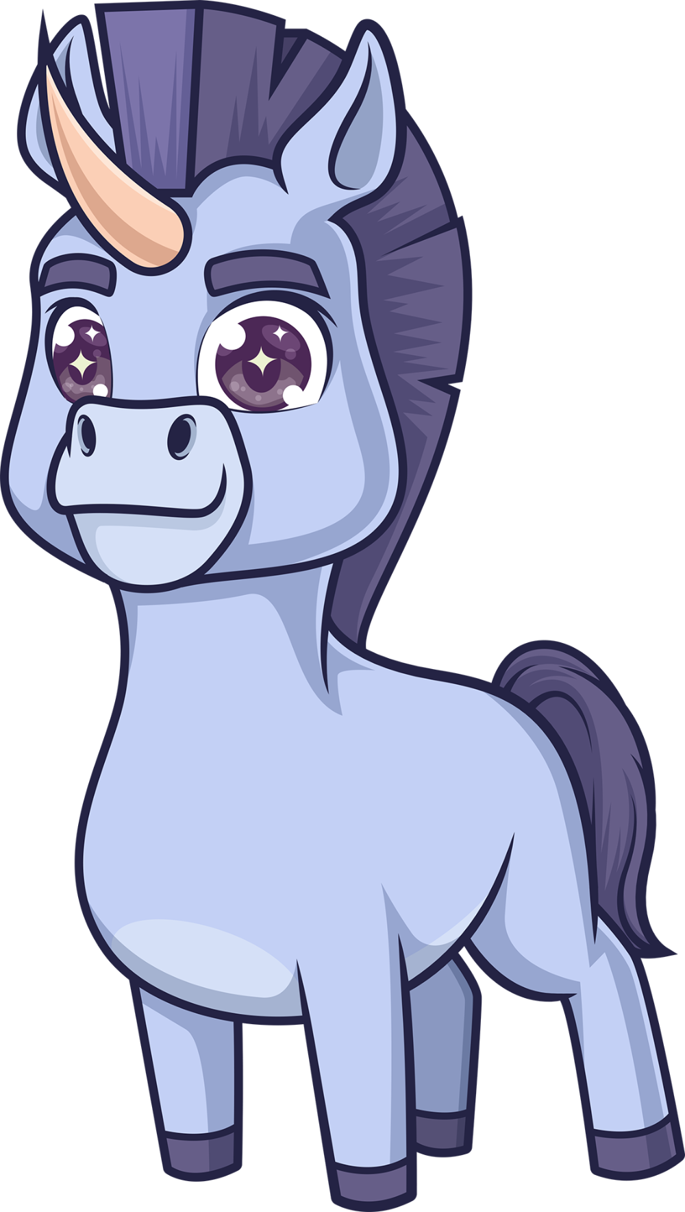 Cartoon unicorn with a purple mane and eyes on a white background
