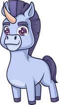 Cartoon unicorn with a purple mane and eyes on a white background