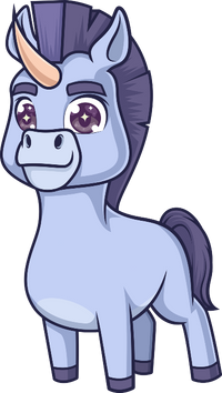 Cartoon unicorn with a purple mane and eyes on a white background