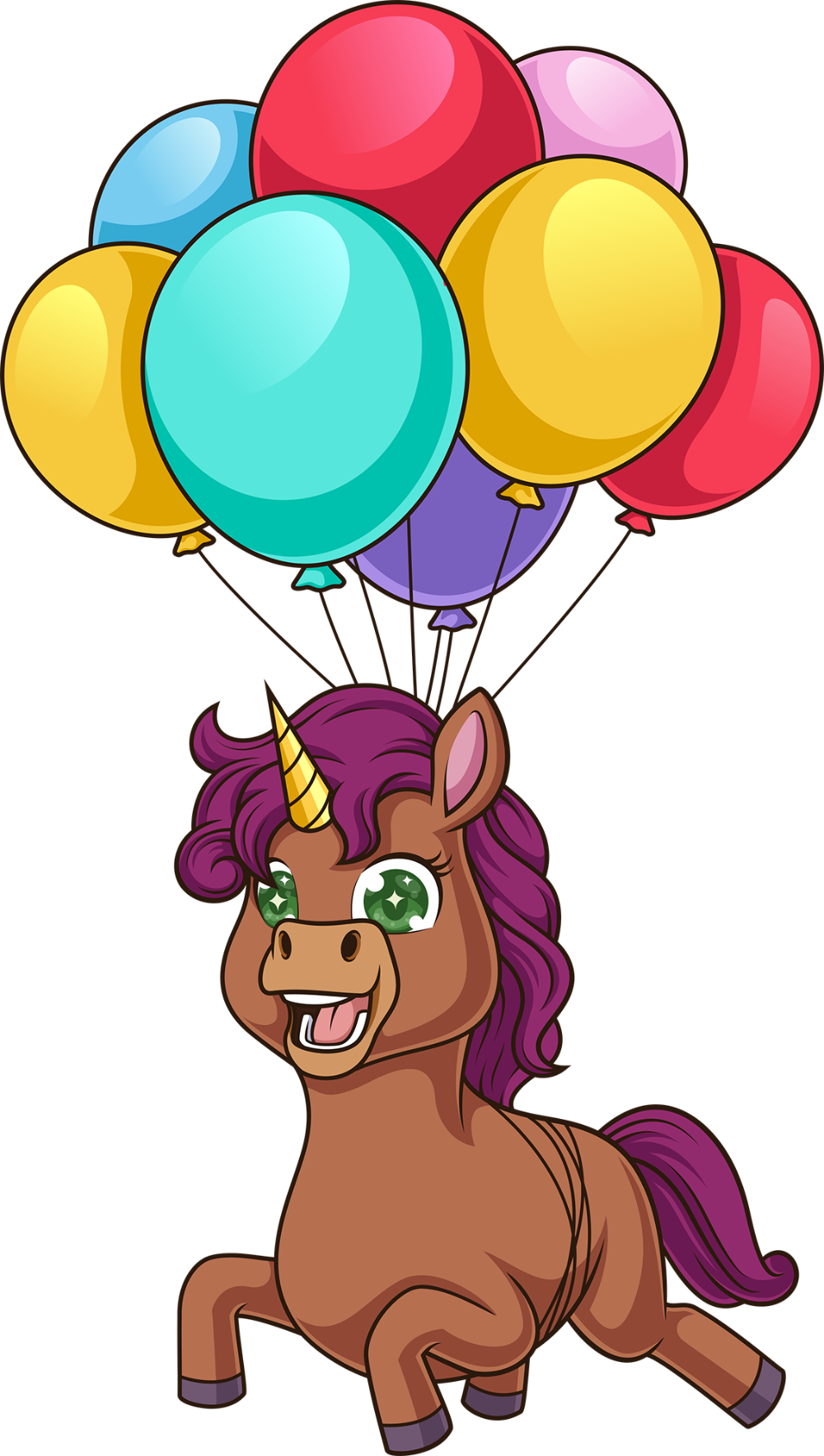 Cartoon horse with a unicorn horn and colorful balloons on a white background