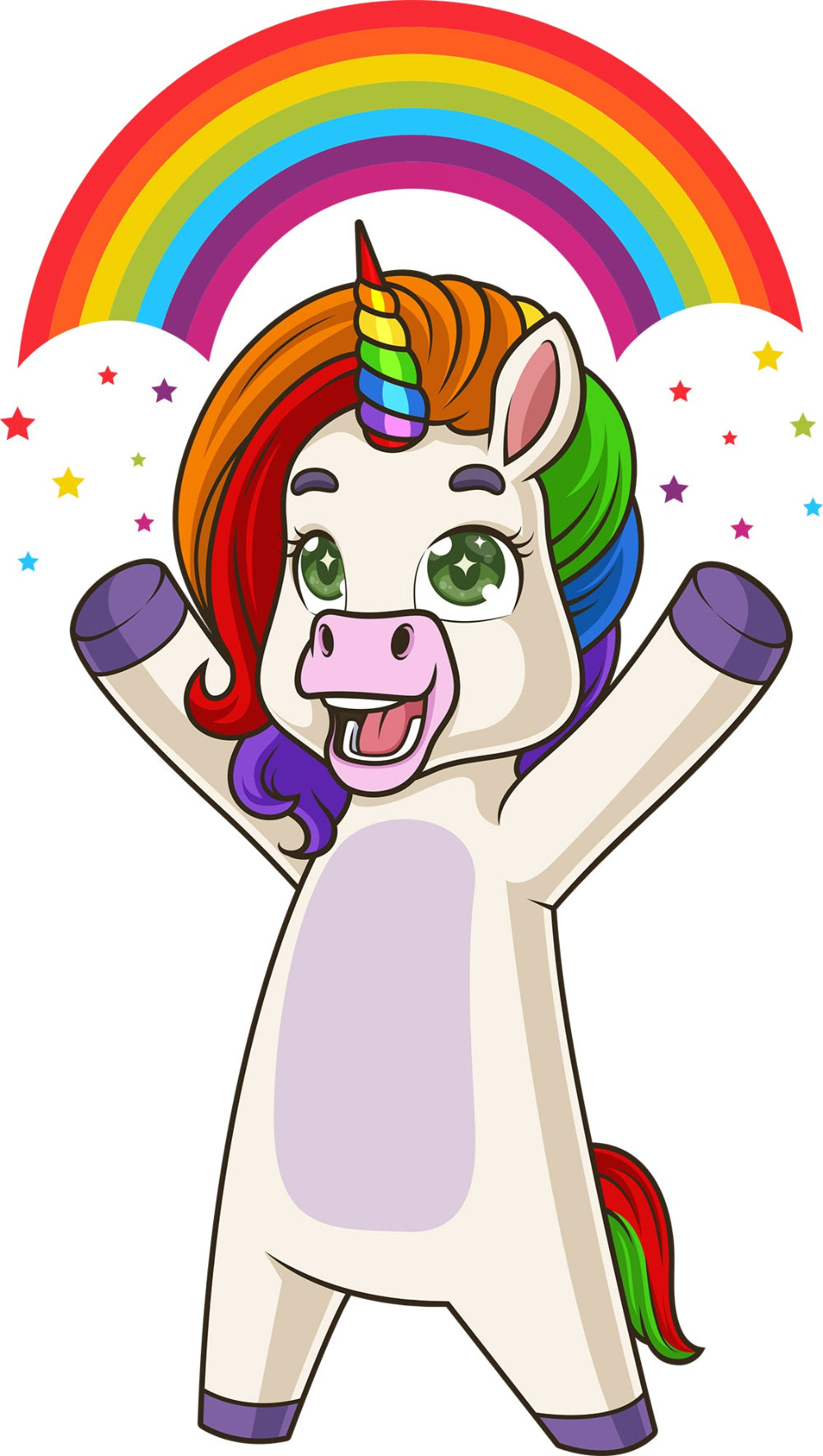 Cartoon unicorn with a rainbow mane and tail, lifting weights against a white background.