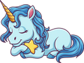Cartoon unicorn with blue hair and a yellow star, on a white background