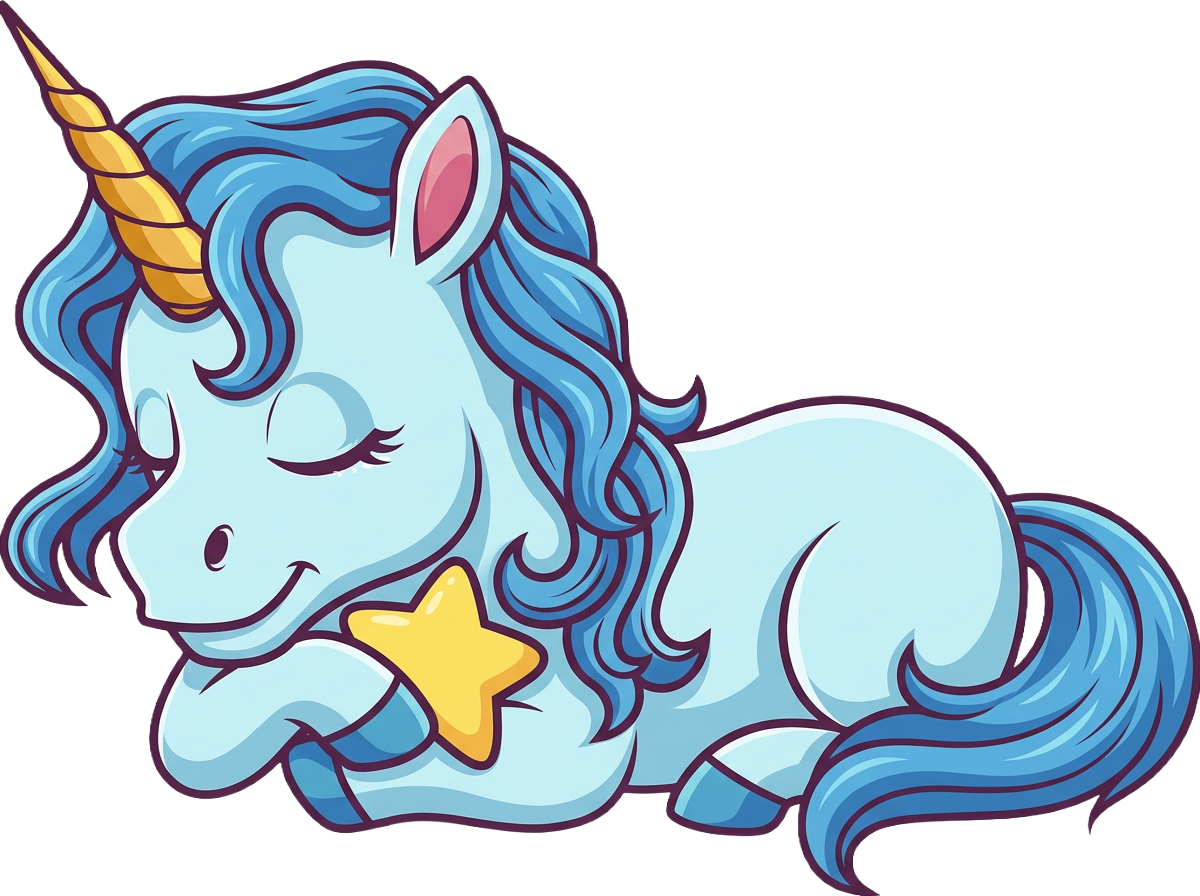 Cartoon unicorn with blue hair and a yellow star, on a white background