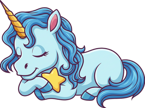 Cartoon unicorn with blue hair and a yellow star, on a white background