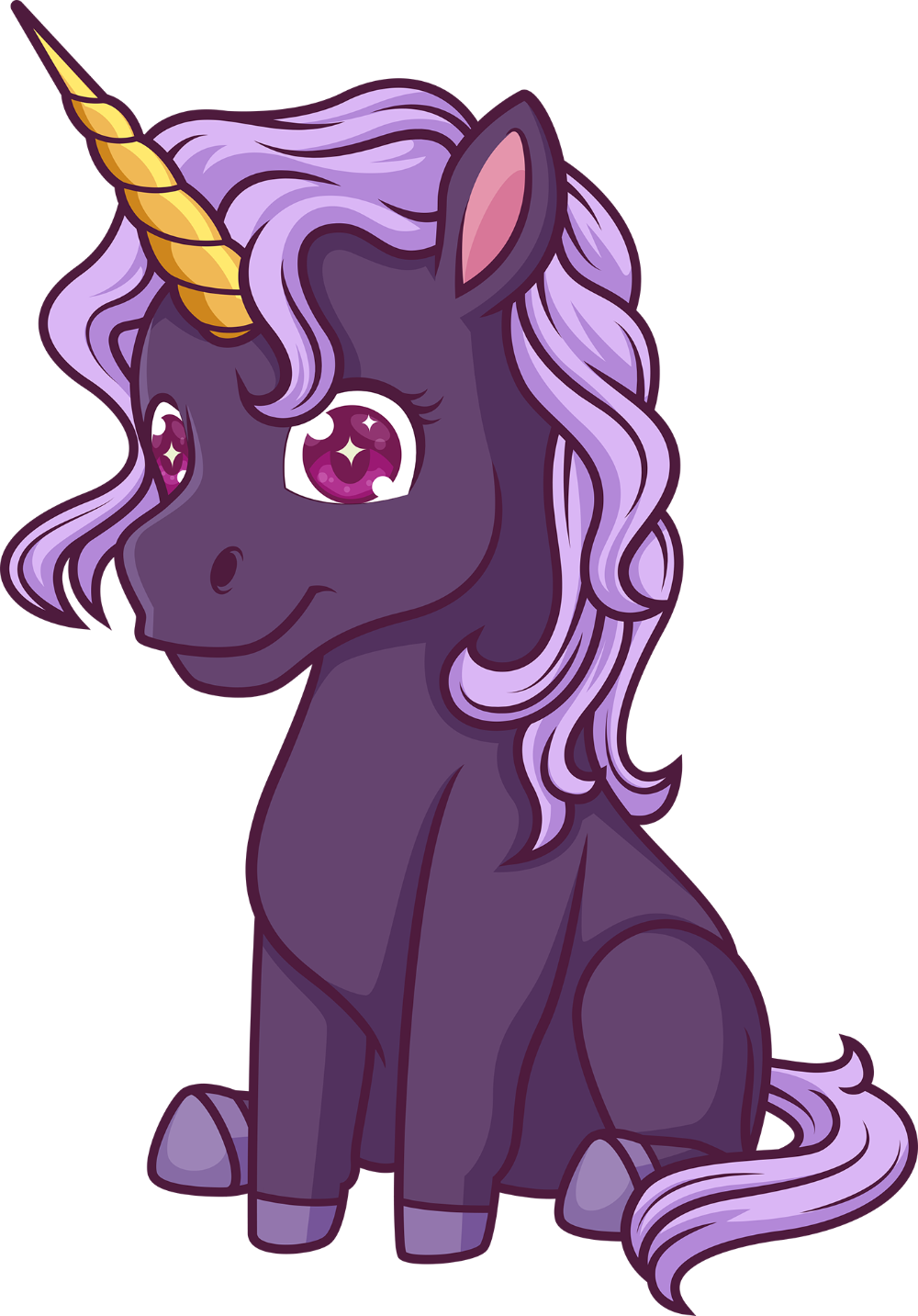 Cartoon unicorn with purple hair and a gold horn on a white background