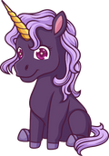 Cartoon unicorn with purple hair and a gold horn on a white background