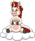 Cartoon unicorn sitting on a cloud holding a cup of coffee.