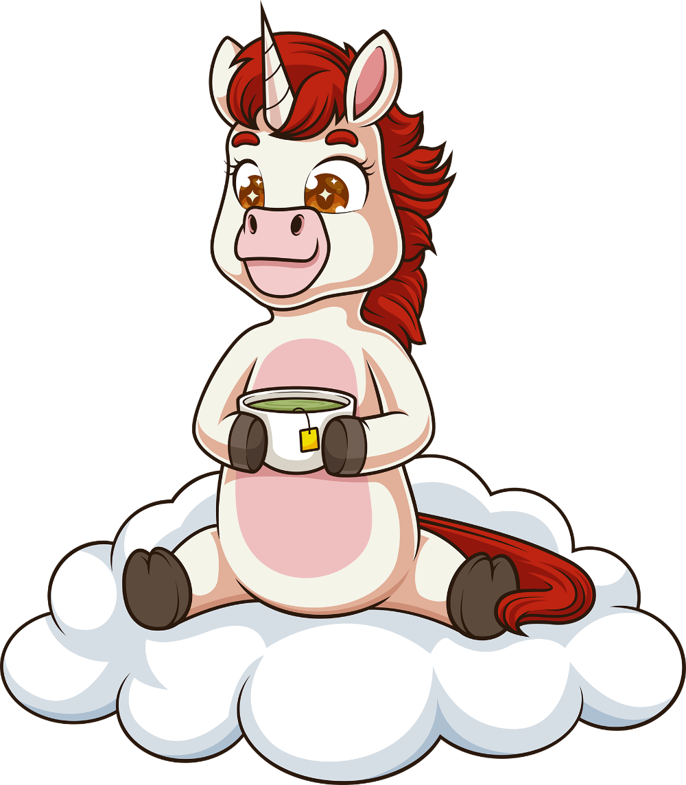 Cartoon unicorn sitting on a cloud holding a cup of coffee.