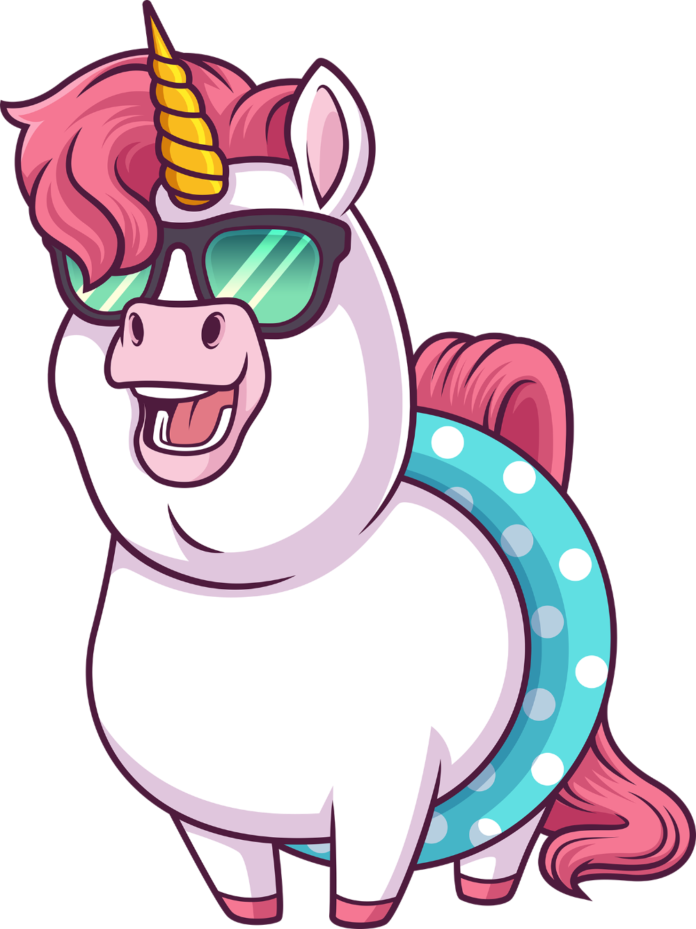 Cartoon unicorn with sunglasses and a rainbow-colored horn on a white background