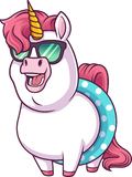 Cartoon unicorn with sunglasses and a rainbow-colored horn on a white background