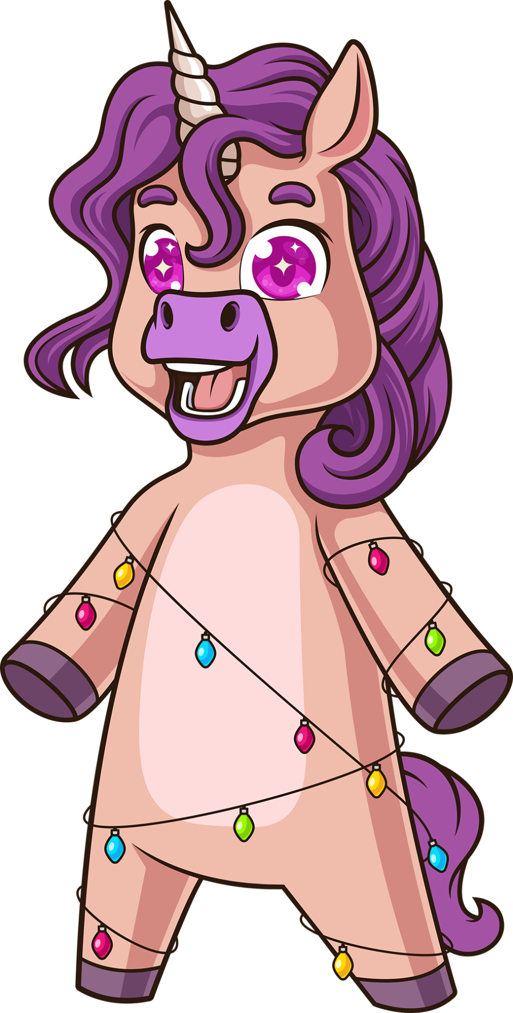 Cartoon unicorn with purple hair and a pink body, wearing string lights.