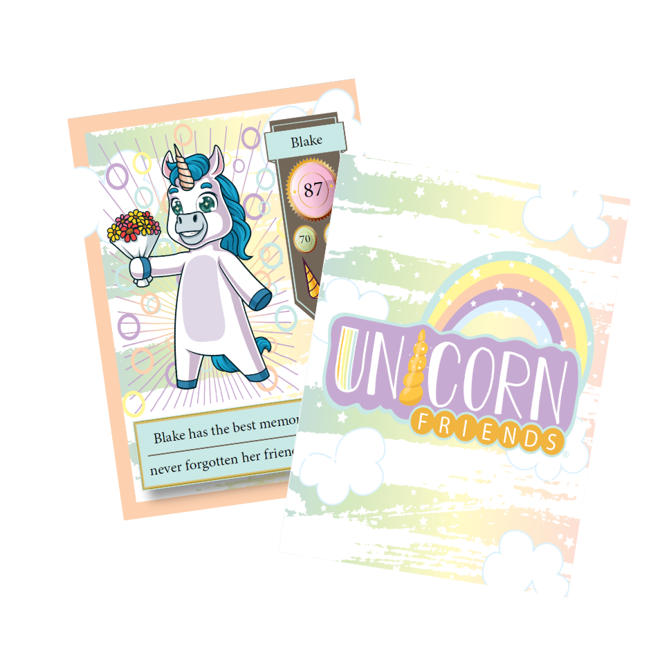 Card with a unicorn character holding flowers, a rainbow, and 'Unicorn Friends' branding on a white background.