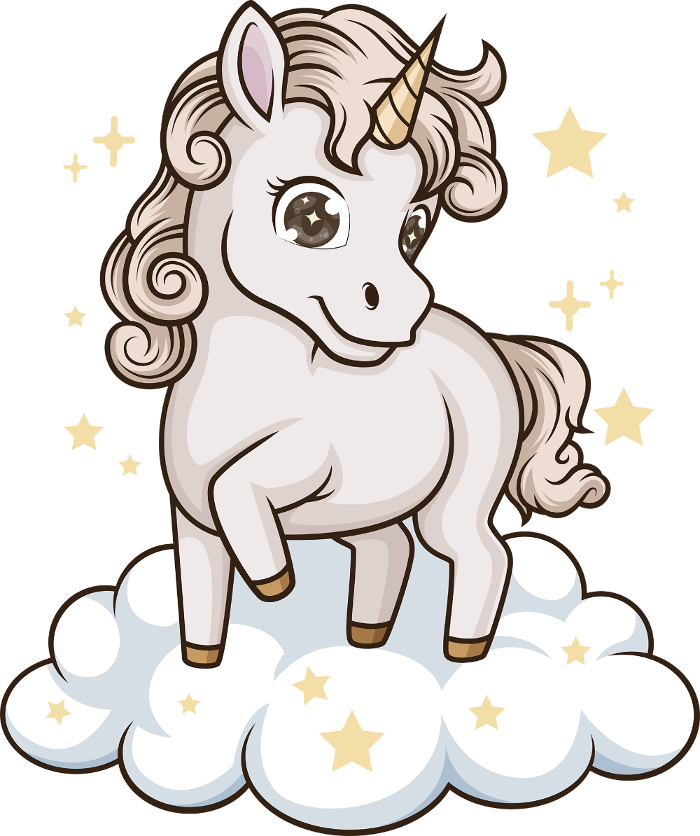 Cartoon unicorn on a cloud with stars around