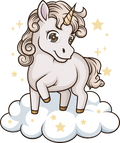 Cartoon unicorn on a cloud with stars around