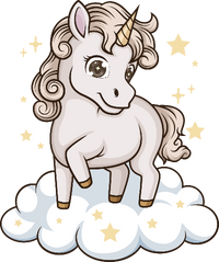 Cartoon unicorn on a cloud with stars around