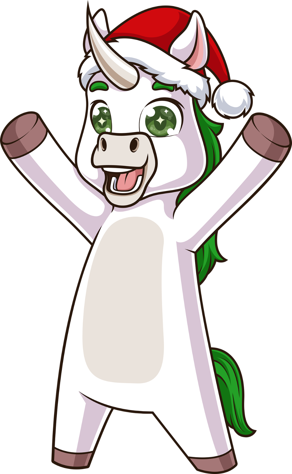 Cartoon unicorn character wearing a Santa hat on a white background