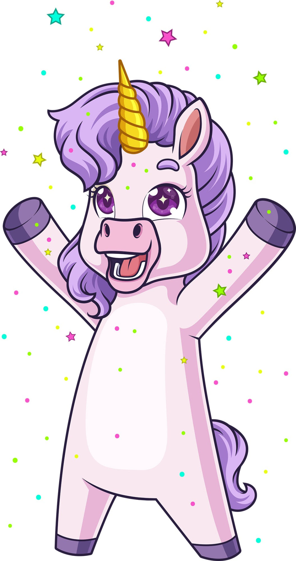 Cartoon unicorn with purple hair and a gold horn on a white background with colorful stars.