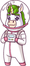 Cartoon unicorn in an astronaut suit with green hair and pink accents.