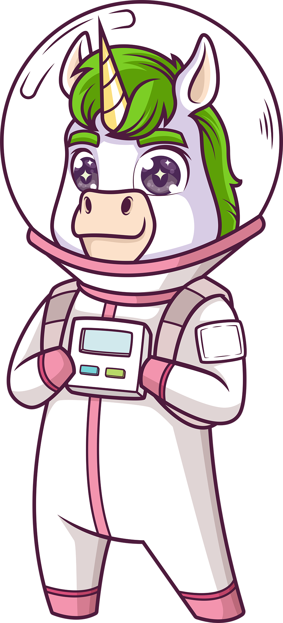 Cartoon unicorn in an astronaut suit with green hair and pink accents.