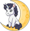Cartoon unicorn with dark hair sitting on a yellow crescent moon.