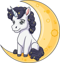 Cartoon unicorn with dark hair sitting on a yellow crescent moon.