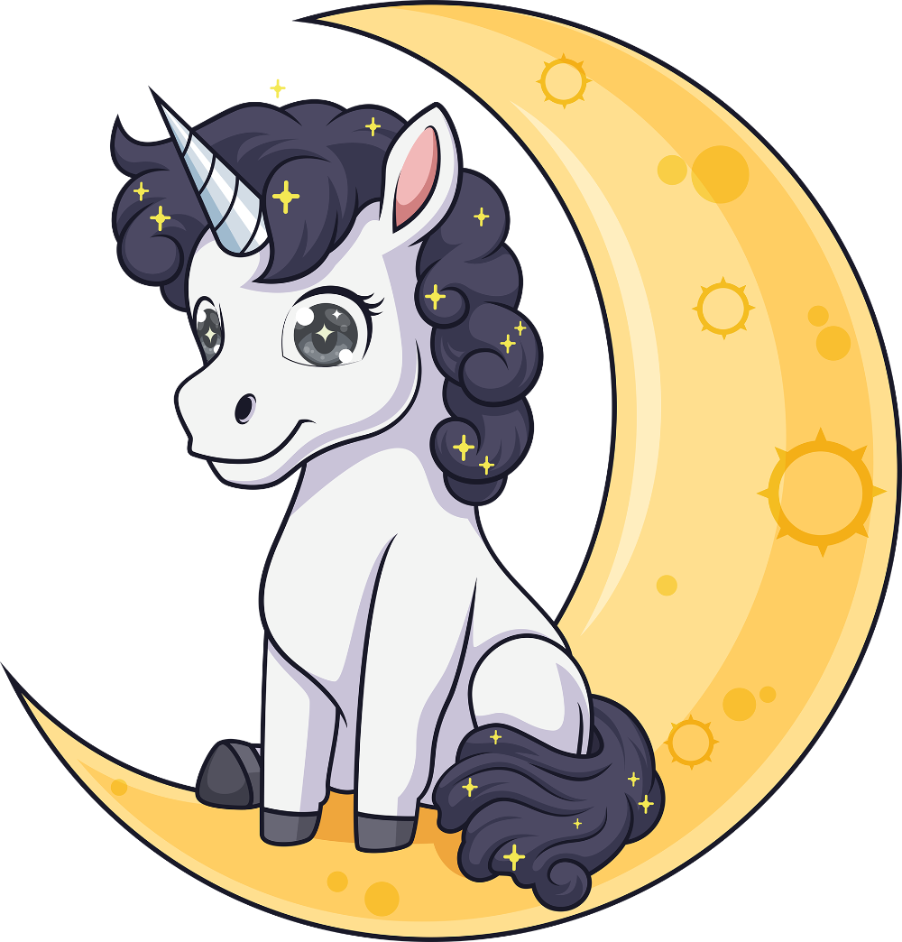 Cartoon unicorn with dark hair sitting on a yellow crescent moon.