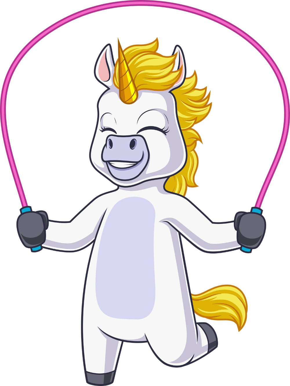 Cartoon unicorn holding a pink jump rope on a white background