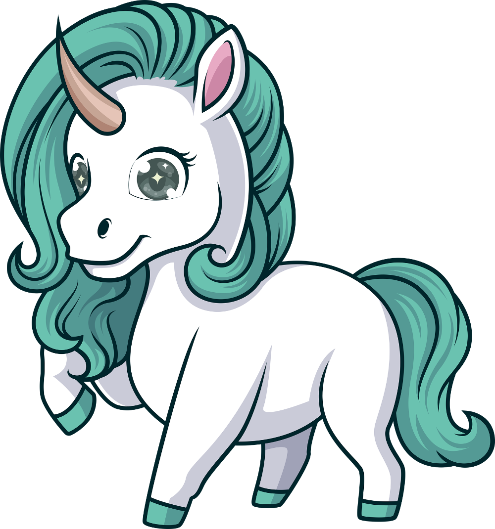 Cartoon unicorn with teal hair and hooves on a white background